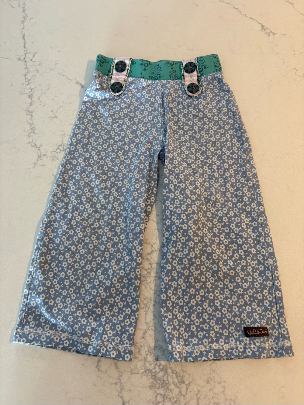 Matilda Jane Light Blue Floral Pants with Teal Waistband and Button Tabs